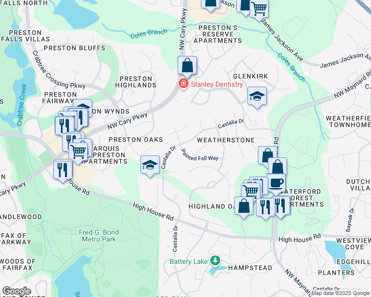 map of restaurants, bars, coffee shops, grocery stores, and more near 304 Painted Fall Way in Cary