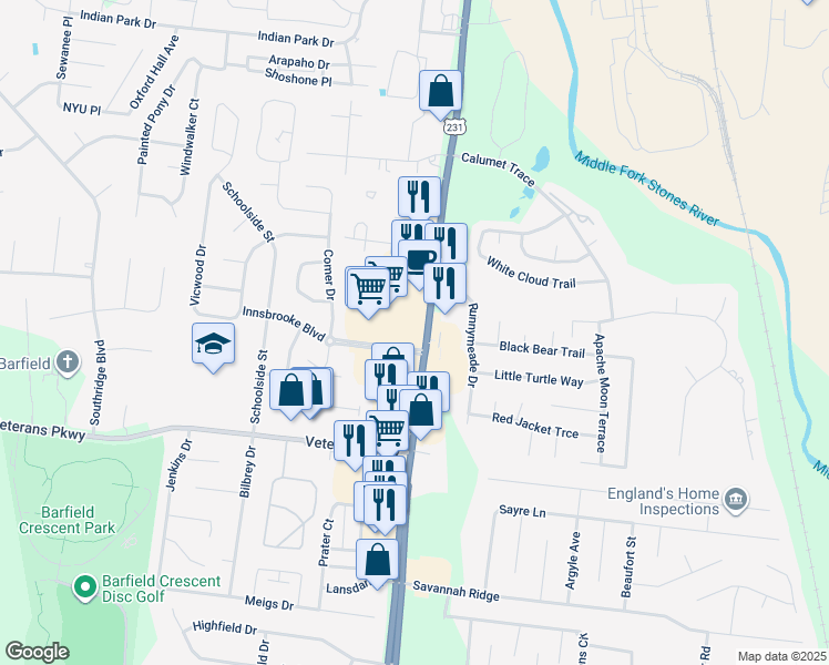 map of restaurants, bars, coffee shops, grocery stores, and more near 2950 South Church Street in Murfreesboro
