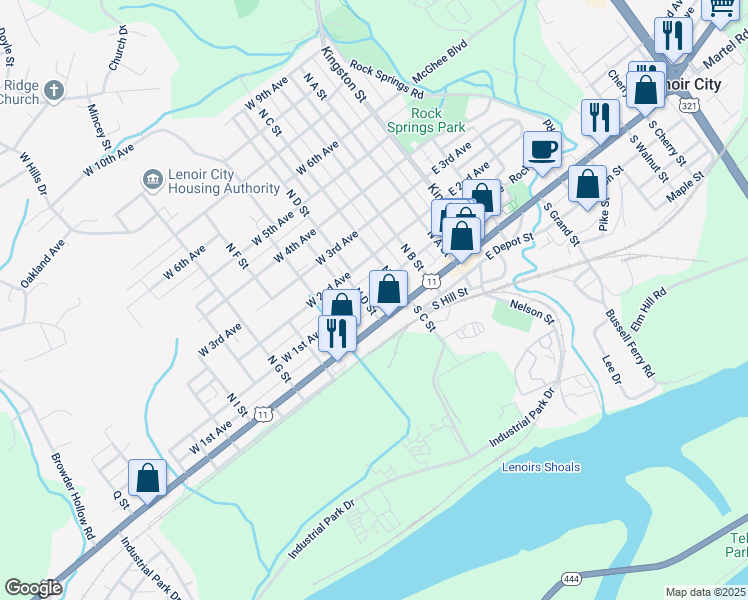 map of restaurants, bars, coffee shops, grocery stores, and more near 319 West 1st Avenue in Lenoir City