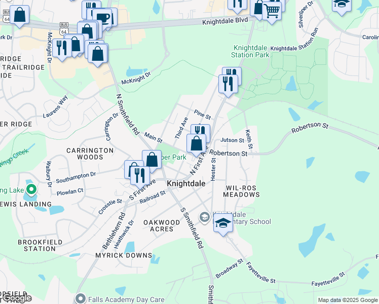 map of restaurants, bars, coffee shops, grocery stores, and more near 16 Main Street in Knightdale
