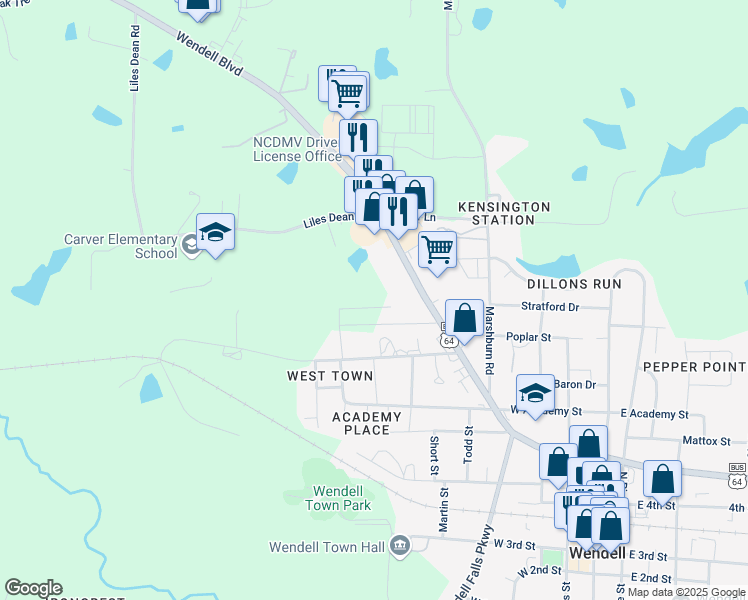 map of restaurants, bars, coffee shops, grocery stores, and more near 2960 Wendell Boulevard in Wendell
