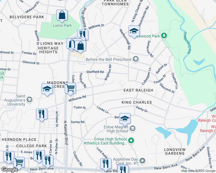 map of restaurants, bars, coffee shops, grocery stores, and more near 732 Brighton Road in Raleigh