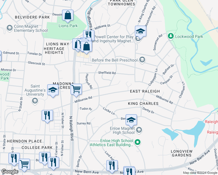 map of restaurants, bars, coffee shops, grocery stores, and more near 724 Brighton Road in Raleigh