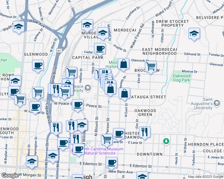 map of restaurants, bars, coffee shops, grocery stores, and more near 719 North Person Street in Raleigh