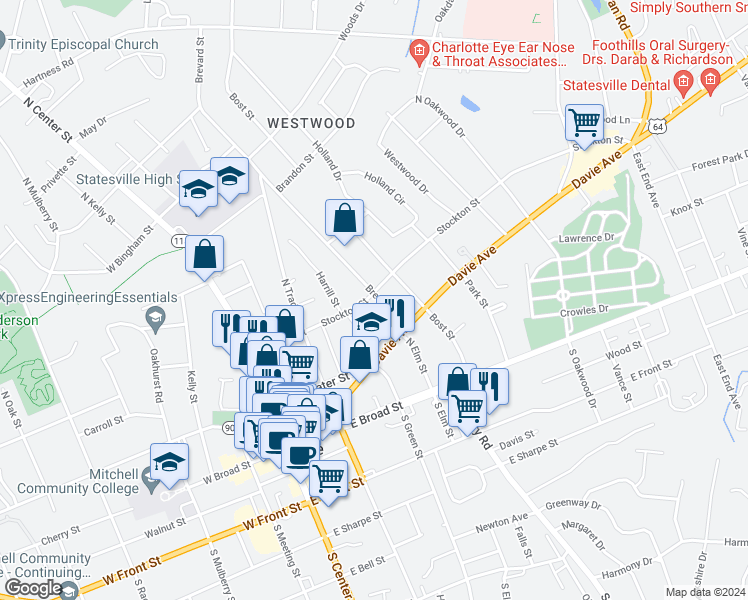 map of restaurants, bars, coffee shops, grocery stores, and more near 404 Stockton Street in Statesville