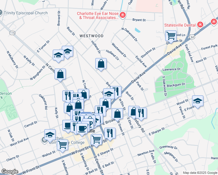 map of restaurants, bars, coffee shops, grocery stores, and more near 404 Stockton Street in Statesville