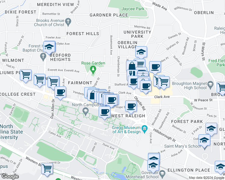 map of restaurants, bars, coffee shops, grocery stores, and more near 2408 Clark Avenue in Raleigh