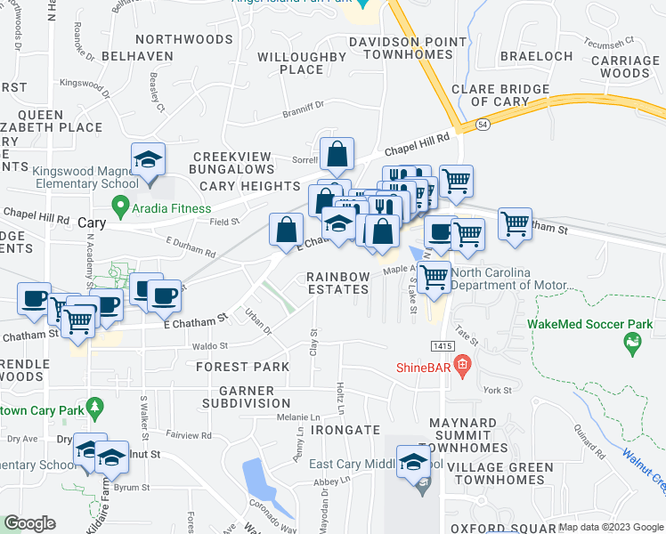 map of restaurants, bars, coffee shops, grocery stores, and more near 104 Rainbow Court in Cary
