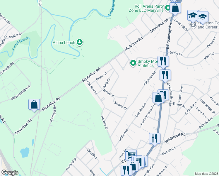 map of restaurants, bars, coffee shops, grocery stores, and more near 2507 Marshall Street in Maryville