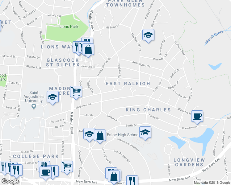 map of restaurants, bars, coffee shops, grocery stores, and more near 732 Brighton Road in Raleigh