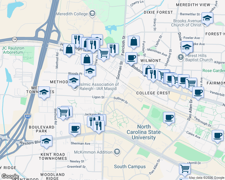 map of restaurants, bars, coffee shops, grocery stores, and more near 2600 Ligon Street in Raleigh