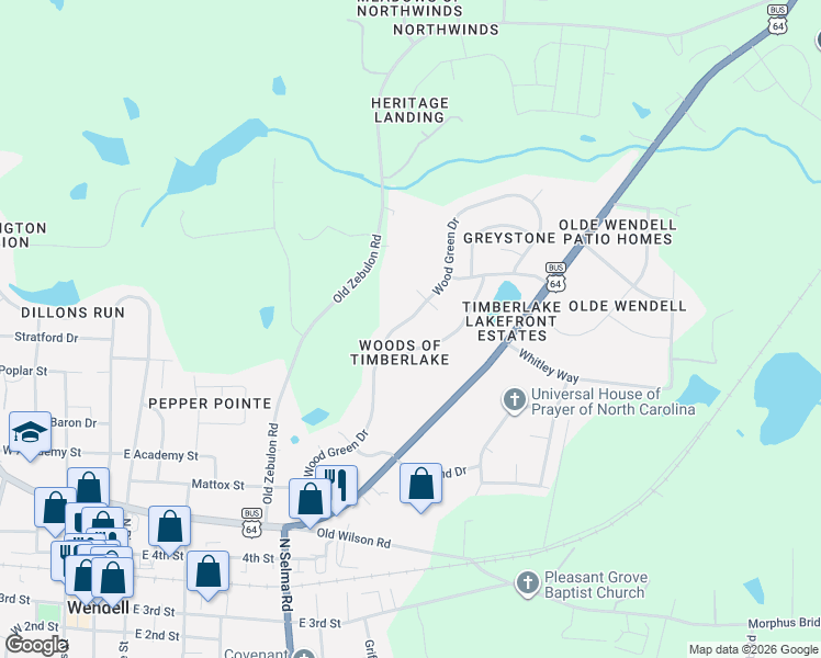 map of restaurants, bars, coffee shops, grocery stores, and more near 104 Wood Green Drive in Wendell