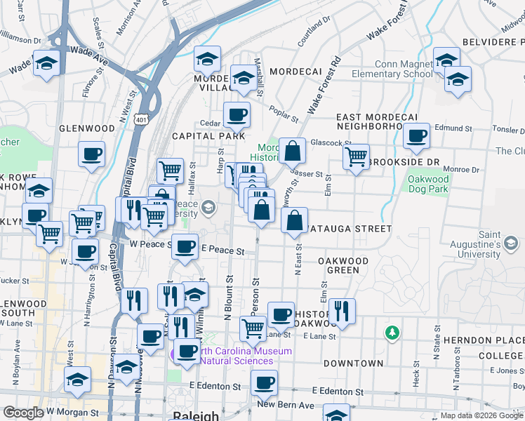 map of restaurants, bars, coffee shops, grocery stores, and more near 719 North Person Street in Raleigh
