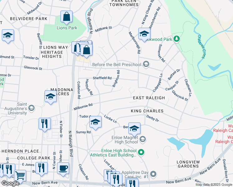 map of restaurants, bars, coffee shops, grocery stores, and more near 732 Brighton Road in Raleigh