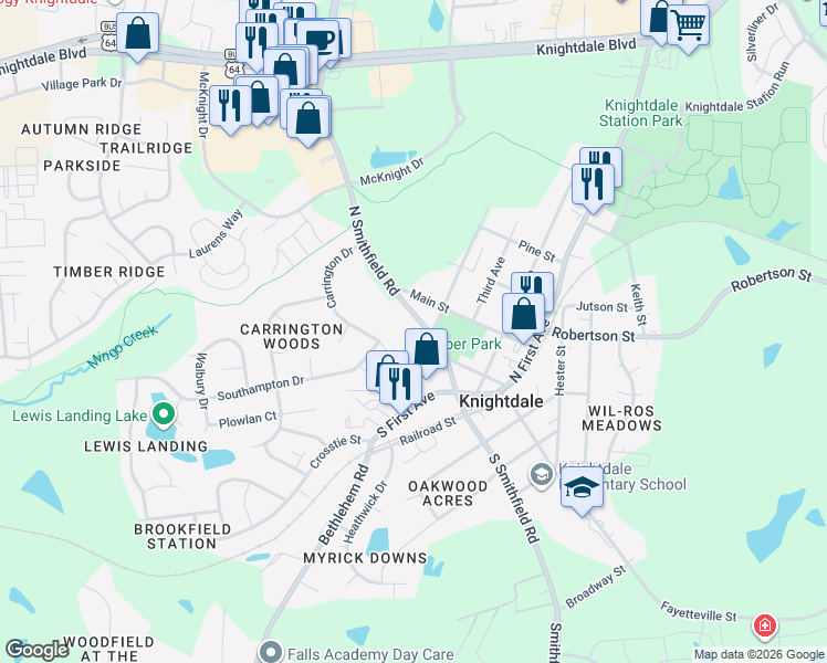map of restaurants, bars, coffee shops, grocery stores, and more near 311 North Smithfield Road in Knightdale
