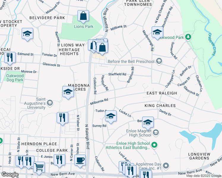 map of restaurants, bars, coffee shops, grocery stores, and more near 631 Brighton Road in Raleigh