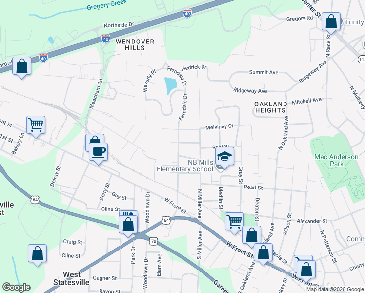 map of restaurants, bars, coffee shops, grocery stores, and more near 1539 Reid St in Statesville