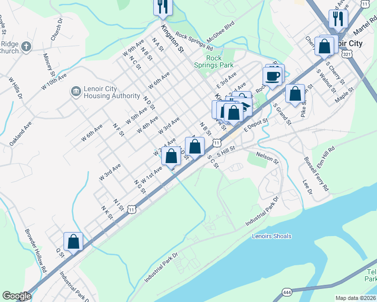 map of restaurants, bars, coffee shops, grocery stores, and more near 300 West 1st Avenue in Lenoir City