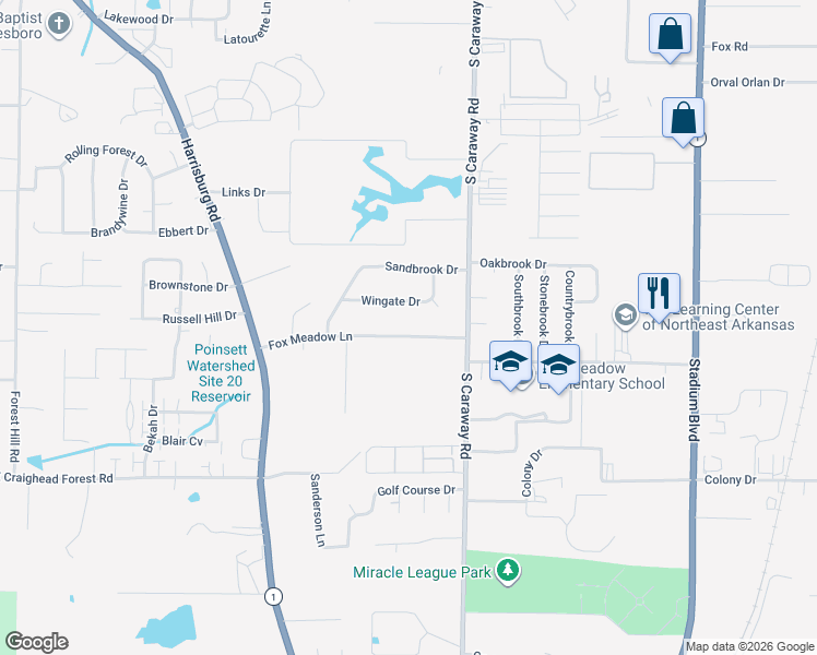 map of restaurants, bars, coffee shops, grocery stores, and more near 2104 Fox Meadow Lane in Jonesboro