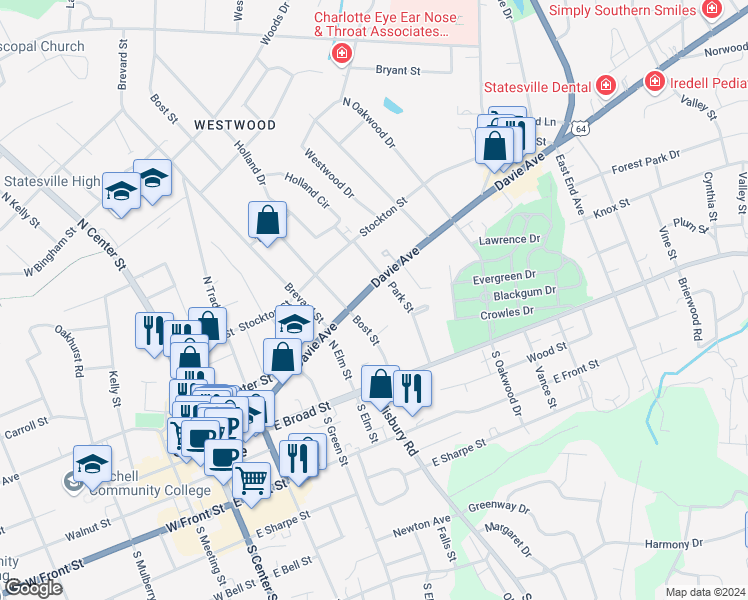 map of restaurants, bars, coffee shops, grocery stores, and more near 522 Davie Avenue in Statesville