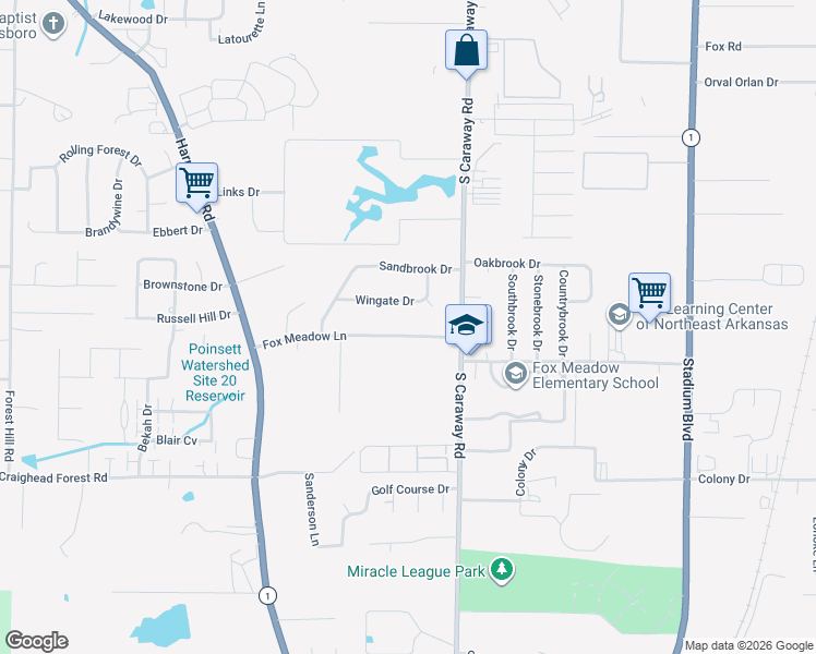 map of restaurants, bars, coffee shops, grocery stores, and more near 2104 Fox Meadow Lane in Jonesboro