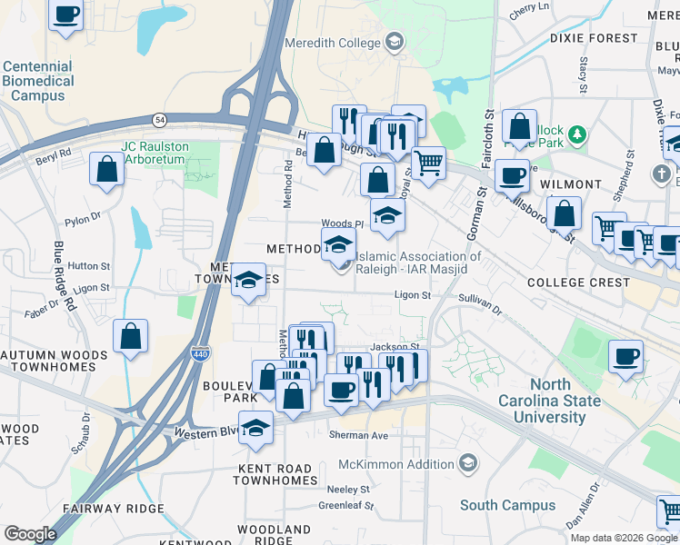 map of restaurants, bars, coffee shops, grocery stores, and more near 3001 Burrell Place in Raleigh