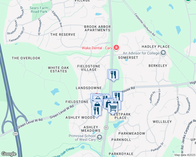 map of restaurants, bars, coffee shops, grocery stores, and more near 100 Paper Chase Ct in Cary