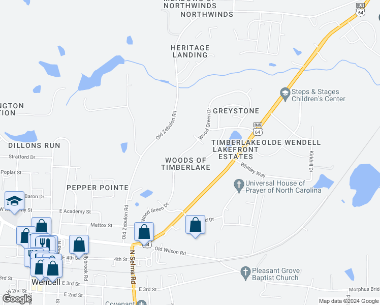 map of restaurants, bars, coffee shops, grocery stores, and more near 100 Wood Green Drive in Wendell