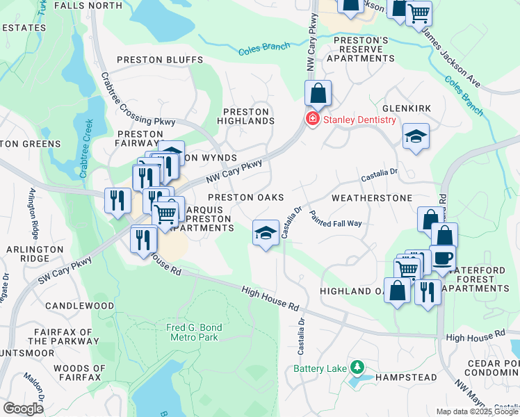 map of restaurants, bars, coffee shops, grocery stores, and more near 105 Wohler Court in Cary