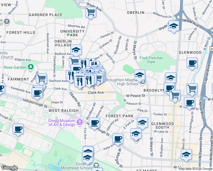 map of restaurants, bars, coffee shops, grocery stores, and more near 1906 Clark Avenue in Raleigh