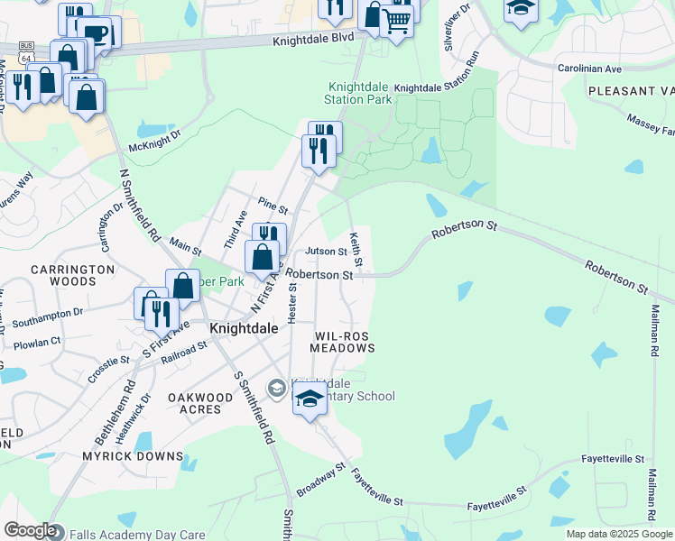 map of restaurants, bars, coffee shops, grocery stores, and more near 113 Robertson Street in Knightdale