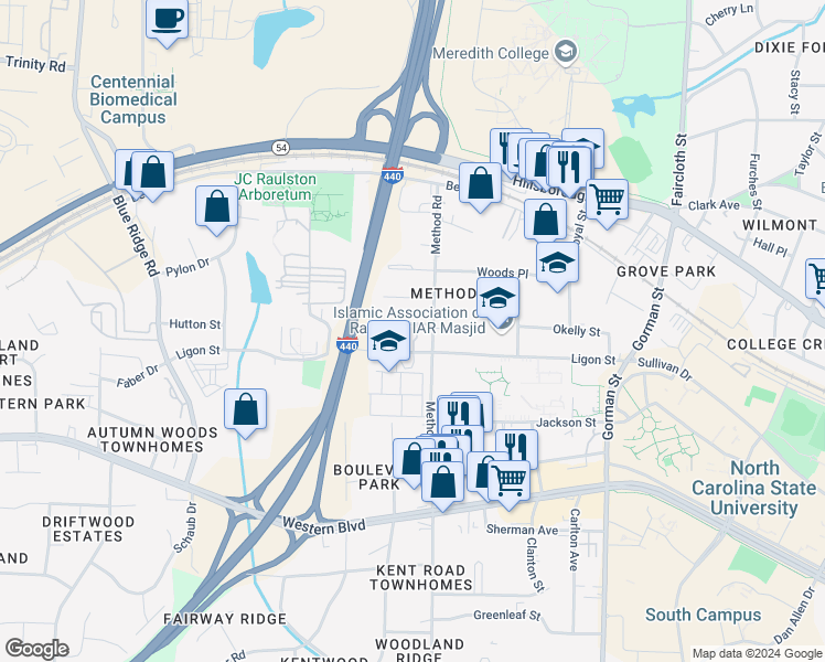 map of restaurants, bars, coffee shops, grocery stores, and more near 3111 Wilder St in Raleigh