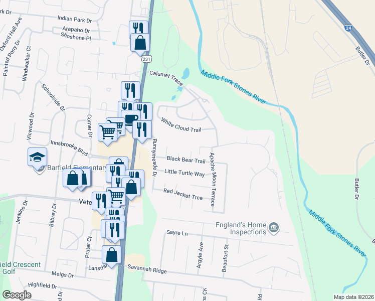 map of restaurants, bars, coffee shops, grocery stores, and more near 2918 Chato Court in Murfreesboro