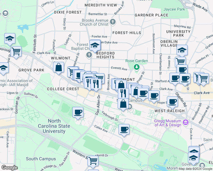 map of restaurants, bars, coffee shops, grocery stores, and more near 115 Brooks Avenue in Raleigh