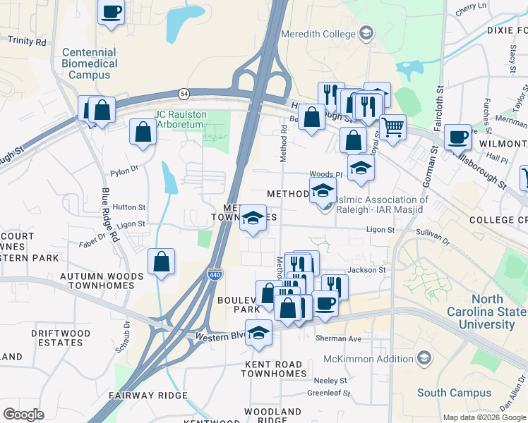 map of restaurants, bars, coffee shops, grocery stores, and more near 3111 Wilder Street in Raleigh