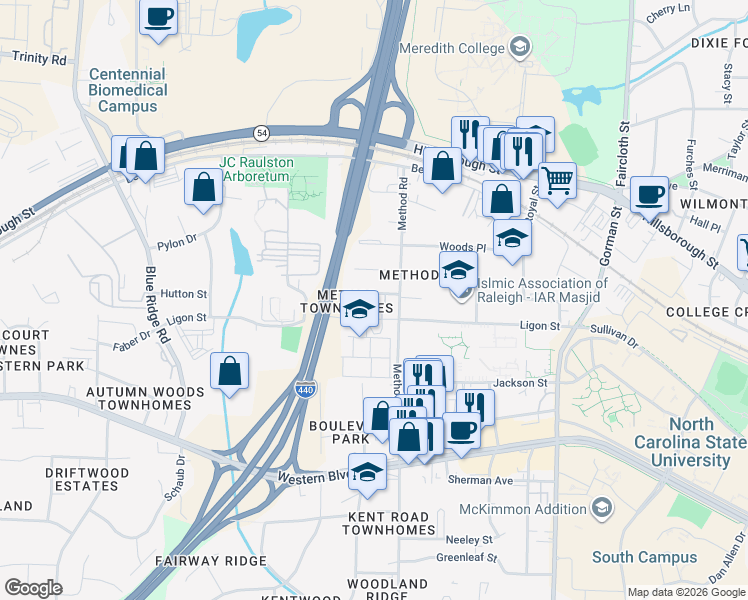 map of restaurants, bars, coffee shops, grocery stores, and more near 3111 Wilder Street in Raleigh