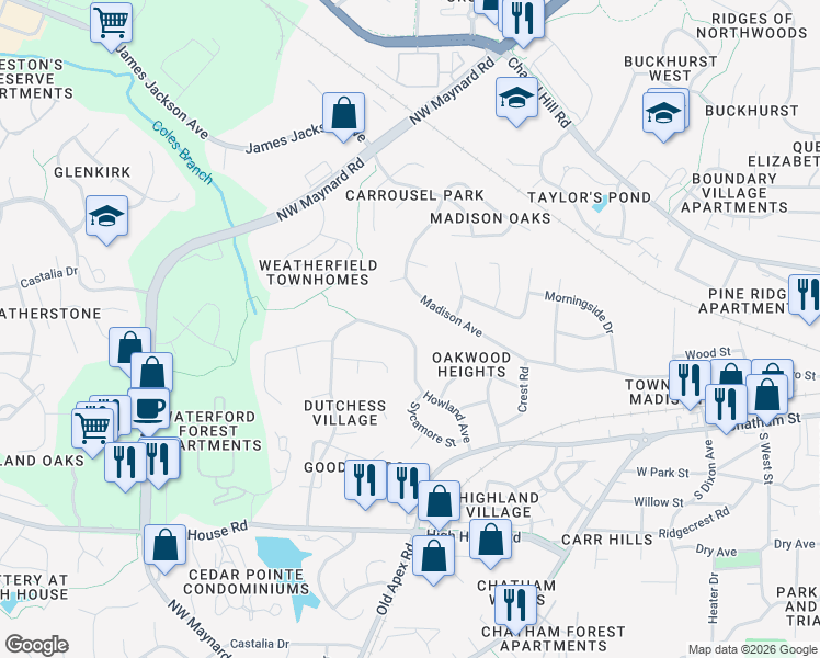 map of restaurants, bars, coffee shops, grocery stores, and more near 316 Howland Avenue in Cary