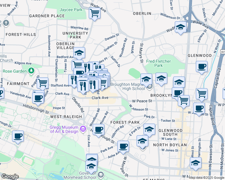 map of restaurants, bars, coffee shops, grocery stores, and more near 1835 Bellwood Drive in Raleigh