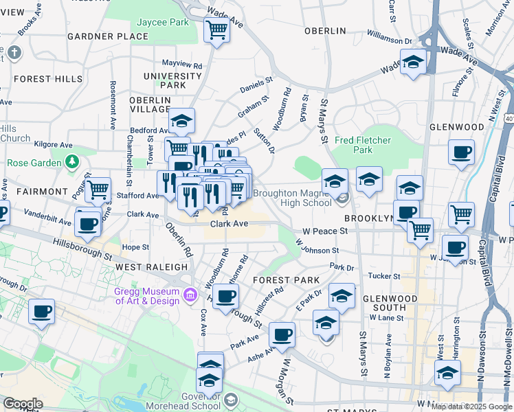 map of restaurants, bars, coffee shops, grocery stores, and more near 1815 Bellwood Drive in Raleigh