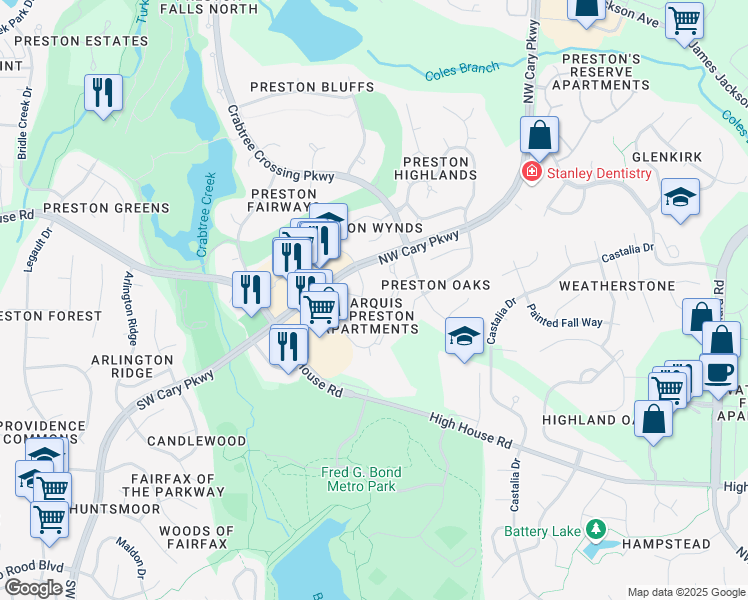 map of restaurants, bars, coffee shops, grocery stores, and more near Preston Grove Avenue in Cary