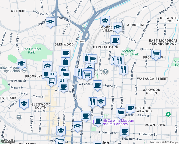 map of restaurants, bars, coffee shops, grocery stores, and more near 804 Semart Drive in Raleigh
