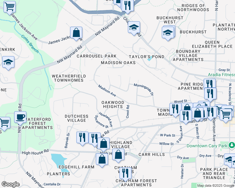 map of restaurants, bars, coffee shops, grocery stores, and more near 712 Madison Avenue in Cary