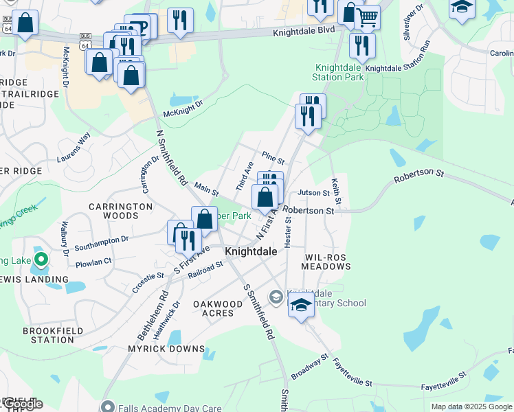 map of restaurants, bars, coffee shops, grocery stores, and more near 16 Main Street in Knightdale