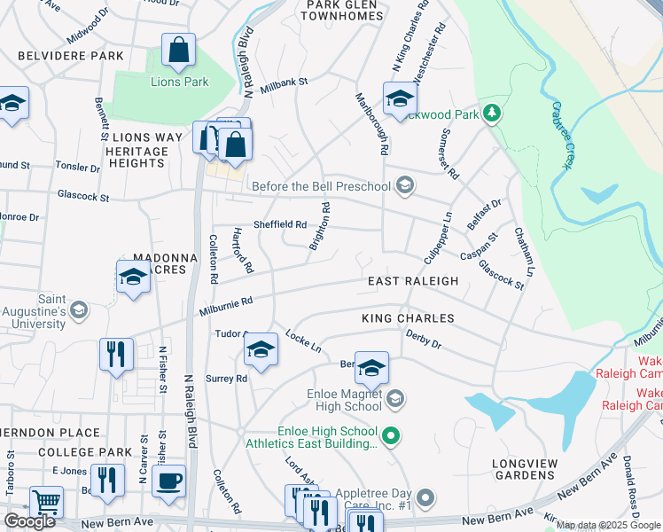 map of restaurants, bars, coffee shops, grocery stores, and more near 2316 K Wesley Way in Raleigh