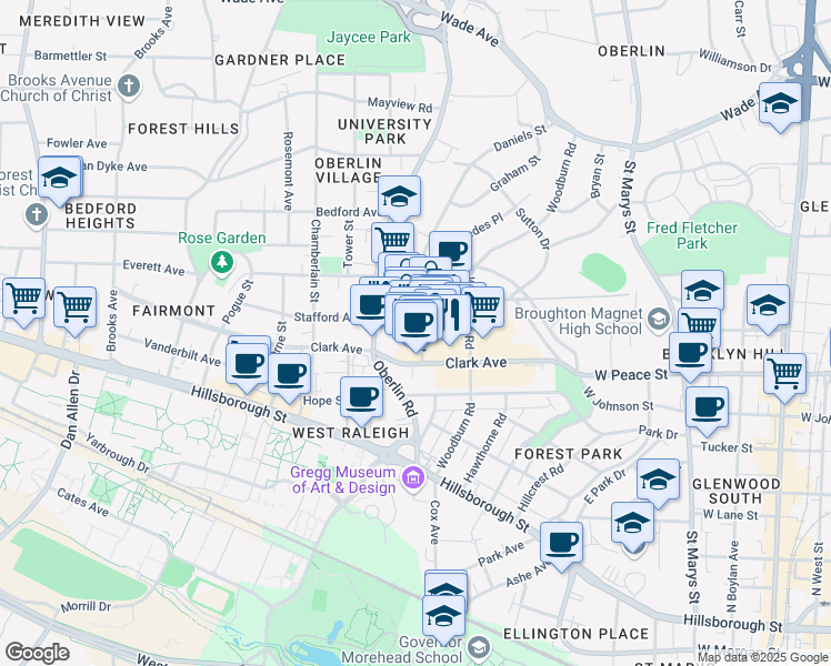 map of restaurants, bars, coffee shops, grocery stores, and more near 2113 Cameron Street in Raleigh