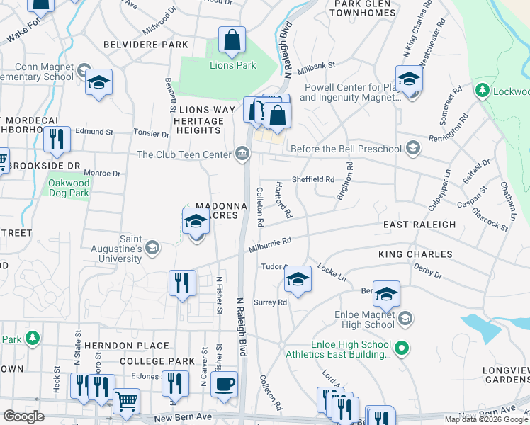 map of restaurants, bars, coffee shops, grocery stores, and more near 710 Colleton Road in Raleigh