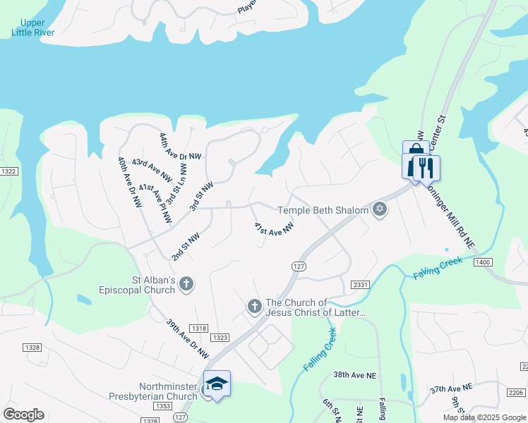 map of restaurants, bars, coffee shops, grocery stores, and more near 147 42nd Avenue Drive Northwest in Hickory