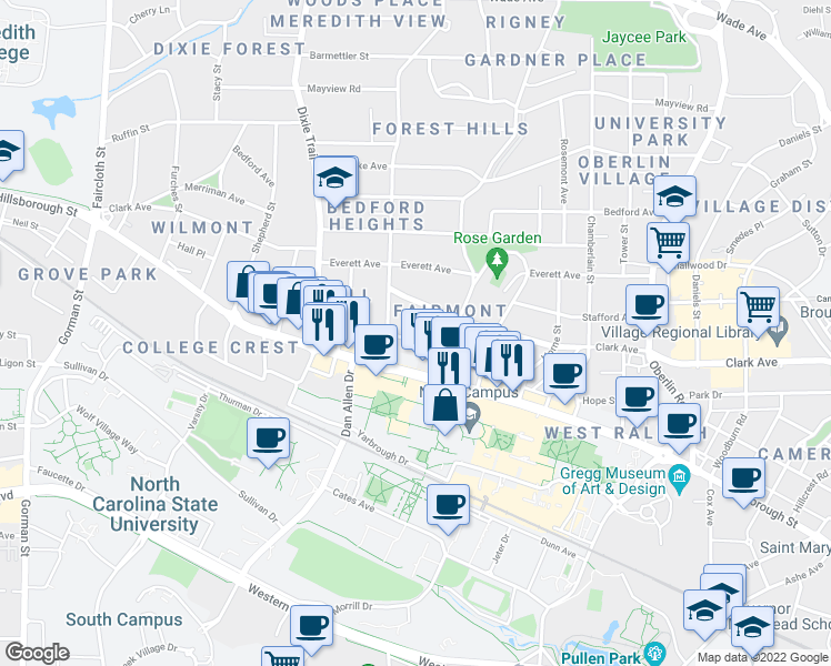 map of restaurants, bars, coffee shops, grocery stores, and more near 2714 Vanderbilt Ave in Raleigh