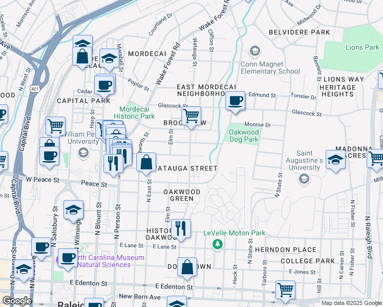 map of restaurants, bars, coffee shops, grocery stores, and more near 701 East Franklin Street in Raleigh