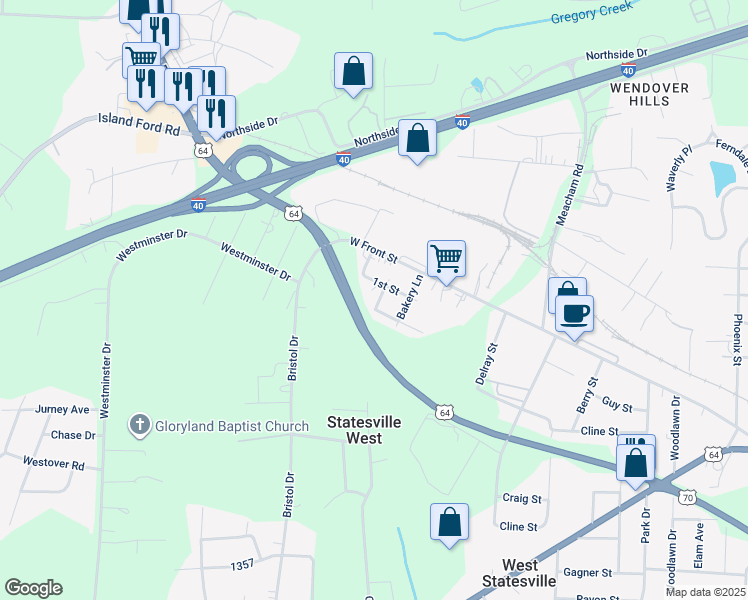 map of restaurants, bars, coffee shops, grocery stores, and more near 210 H St in Statesville